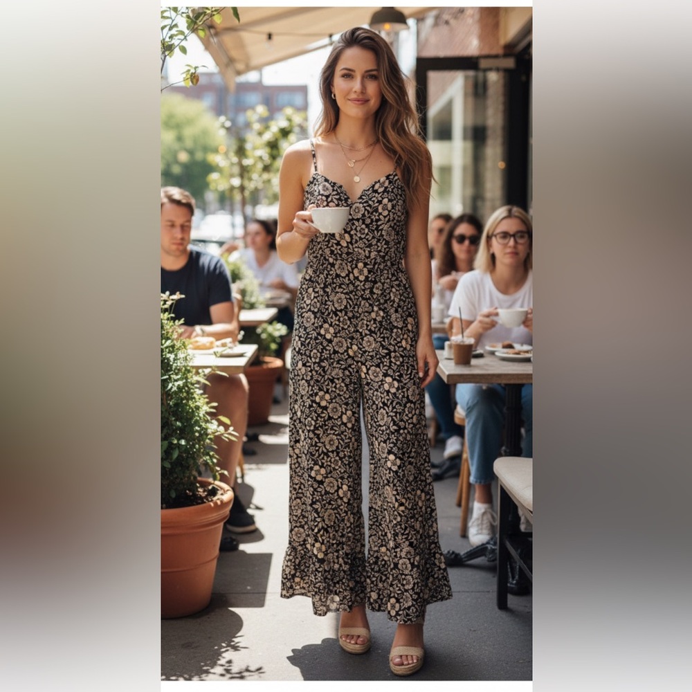 ANGIE Black/Cream Floral Jumpsuit Ruffle Hem Palazzo Pant Resort Wear Vacation